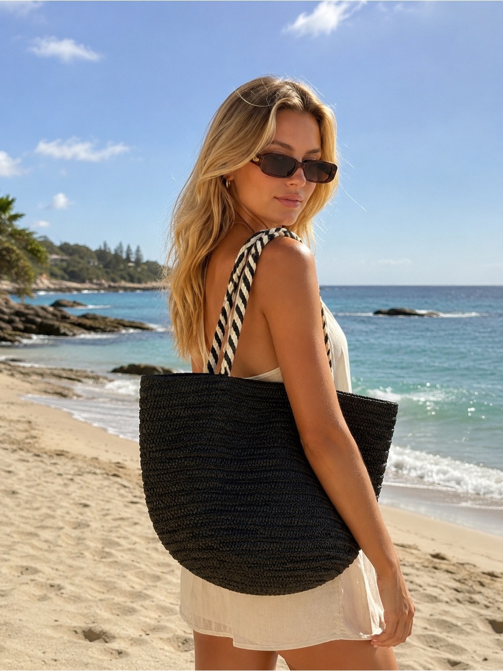 Rachel Zoe Woven beach tote with Black-and-White Rope Handles